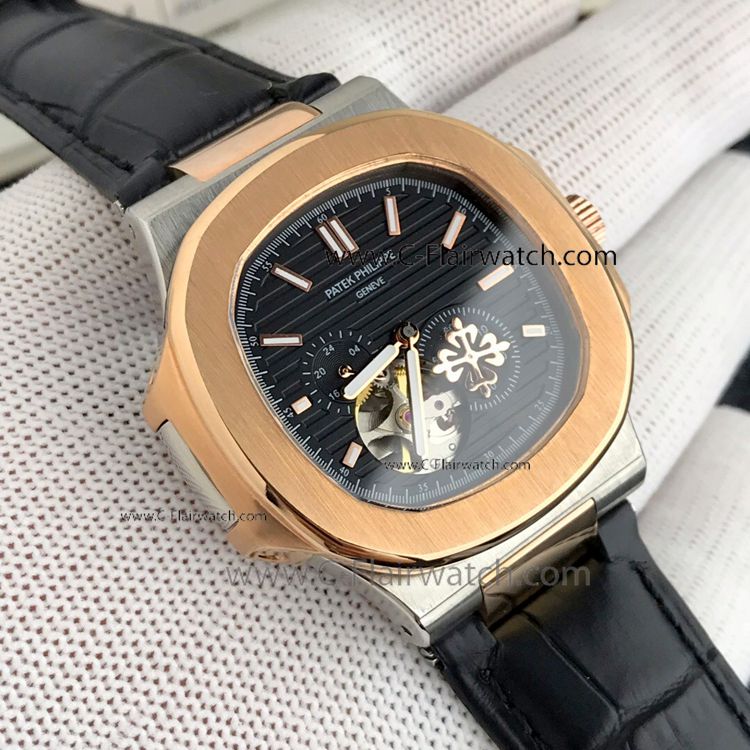 Clone Patek Philippe Tourbillon Black Watch Rose Gold Leather St